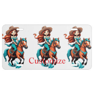 Cute Cowgirl Riding Pony Thunder_Cove License Plate