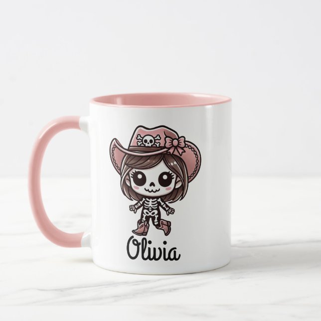 Cute, Cowgirl Skeleton, Custom Name, Halloween Mug (Left)