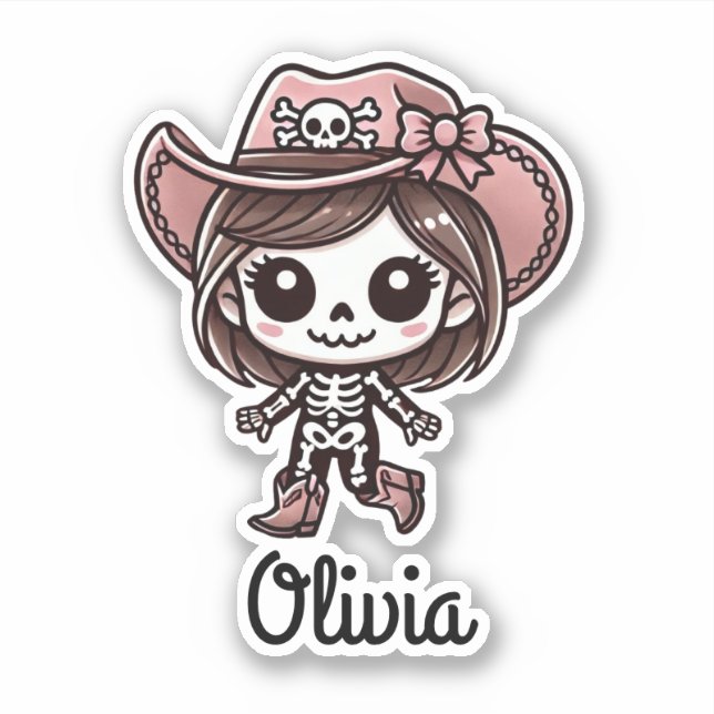 Cute, Cowgirl Skeleton, Custom Name, Halloween Sticker (Front)