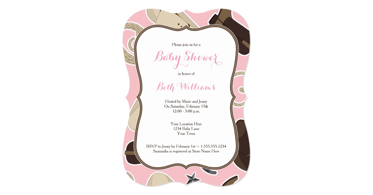 Cute Cowgirl Theme Baby Shower Invite Pink Brown Zazzle Com