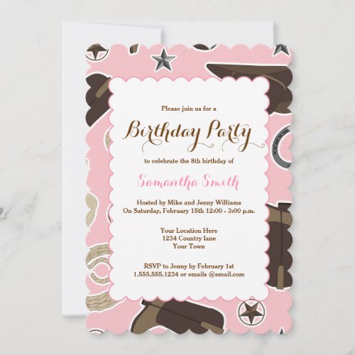 Cute Cowgirl Theme Pink Birthday Party Invitation