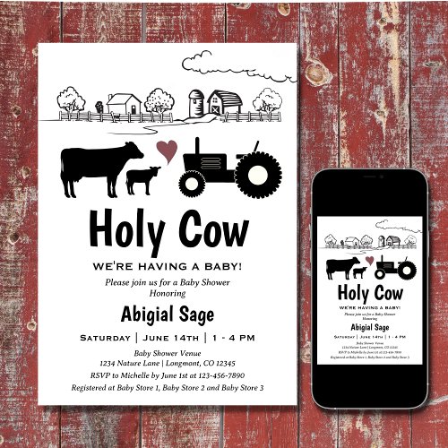 Cute Cows and Tractor Country Farm Baby Shower Invitation