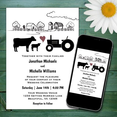 Cute Cows and Tractor Country Farm Wedding Invitation