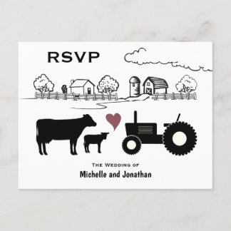 Cute Cows and Tractor Country Farm Wedding RSVP Postcard