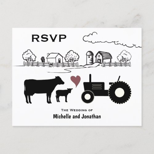 Cute Cows and Tractor Country Farm Wedding RSVP Postcard