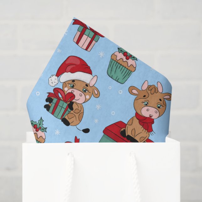 Cute Cows Christmas Holidays Winter Modern Pattern Tissue Paper (Gift Bag)