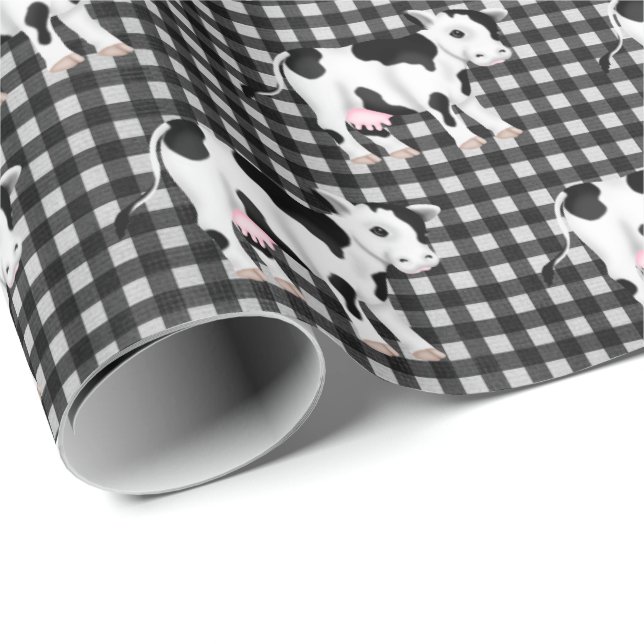 Cute Cows On Gingham Wrapping Paper (Roll Corner)