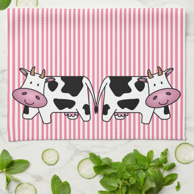 Cute Cows on Pink Stripes Kitchen Towel (Folded)
