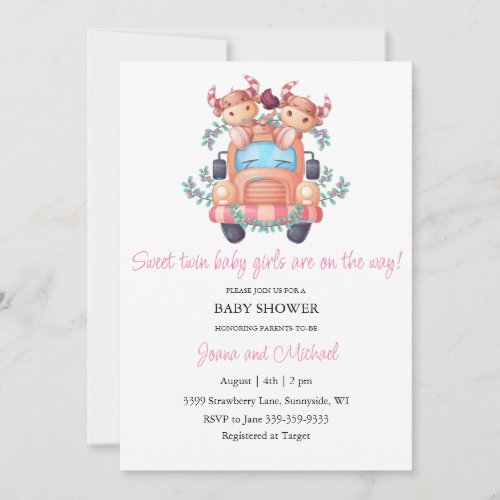 Cute Cows Pink Car Twin Girls Baby Shower  Invitation