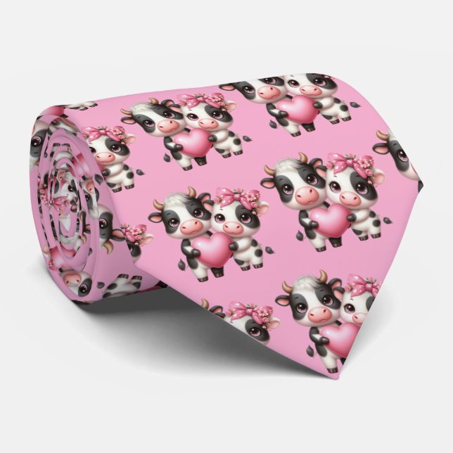 Cute Cows Pink Heart Neck Tie (Rolled)