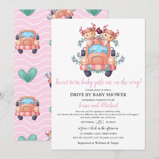 Cute Cows Twin Girls Baby Shower Drive Through  Invitation (Front/Back)