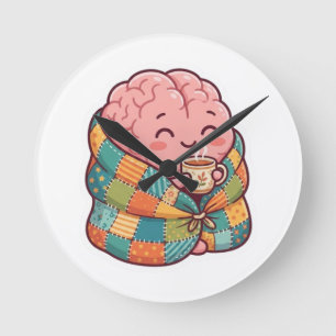 Cute Cozy Brain Drinking Coffee Mental Health AI A Round Clock