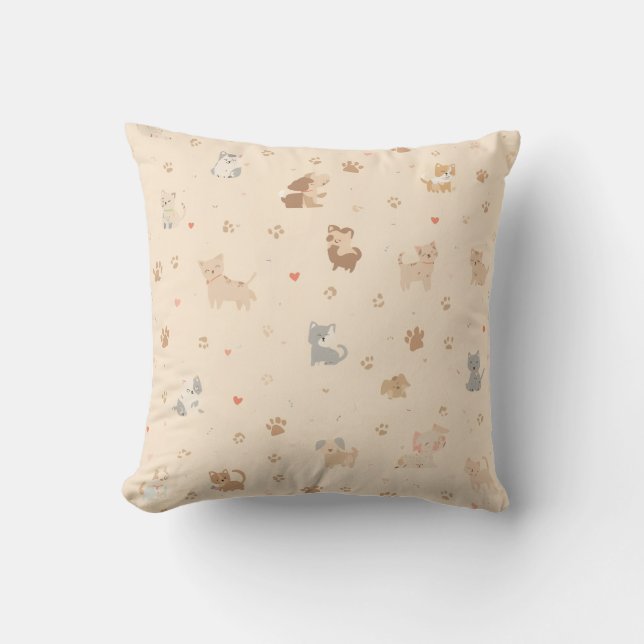 Cute & Cozy Cat and Dog Print Throw Pillow (Front)