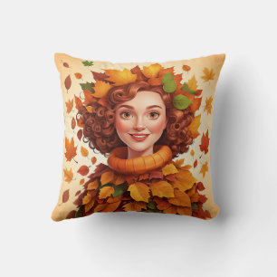 Cute Cozy Colorful Leaves Fall Woman Pattern  Throw Pillow