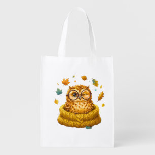 Cute Cozy Fall Owl Yellow Sweater Autumn Leaves Ki Grocery Bag