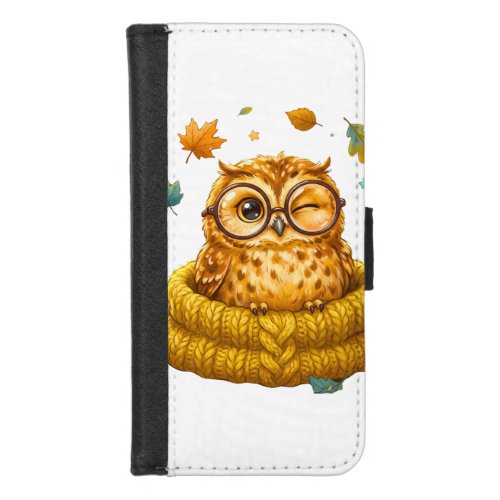 Cute Cozy Fall Owl Yellow Sweater Autumn Leaves Ki iPhone 8/7 Wallet Case
