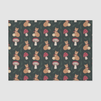 Cute Cozy Fox with Mushrooms, Green. Tissue Paper. Paper
