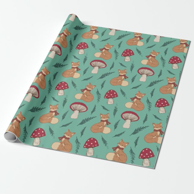 Cute Cozy Fox with Mushrooms. Turquoise. Wrapping Paper (Unrolled)