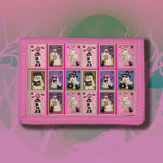 Cute Cozy Ghosts and Cats Postage Pattern Tri-fold Wallet