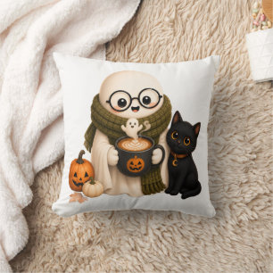 Cute Cozy Halloween Ghost with Black Cat Throw Pillow