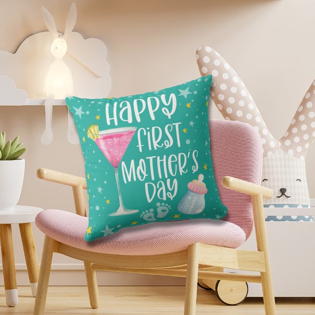 Cute Cozy Happy First Mother's Day Throw Pillow (Creator Uploaded)