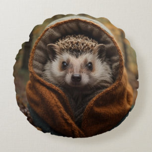 Cute Cozy Hedgehog Autumn Season Round Pillow