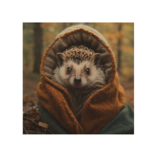 Cute Cozy Hedgehog Autumn Season Wood Wall Art
