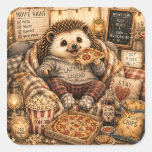 Cute Cozy Movie Night Hedgehog Watercolor Art Square Sticker