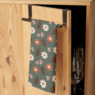 Cute cozy pattern with flowers mushroom & pinecone kitchen towel
