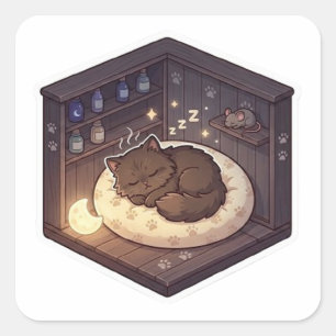 Cute Cozy Sleeping Cat in Magic Nook Square Sticker