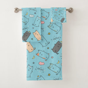 Cute & Cozy Sleepy Cat Dreams Pattern Bath Towel Set
