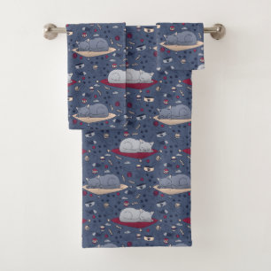 Cute & Cozy Sleepy Cat Dreams Pattern  Bath Towel Set