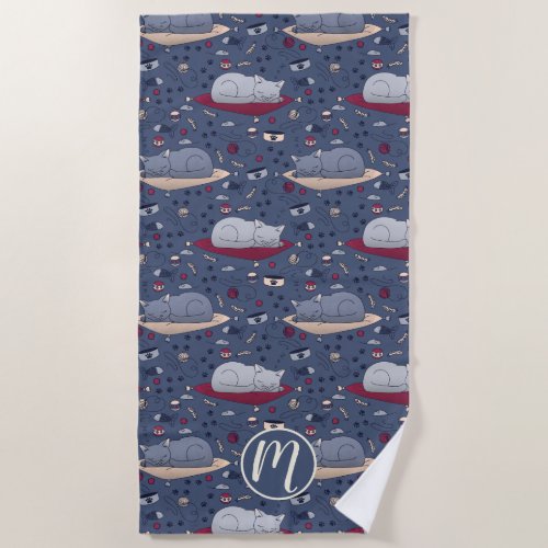 Cute  Cozy Sleepy Cat Dreams Pattern  Beach Towel