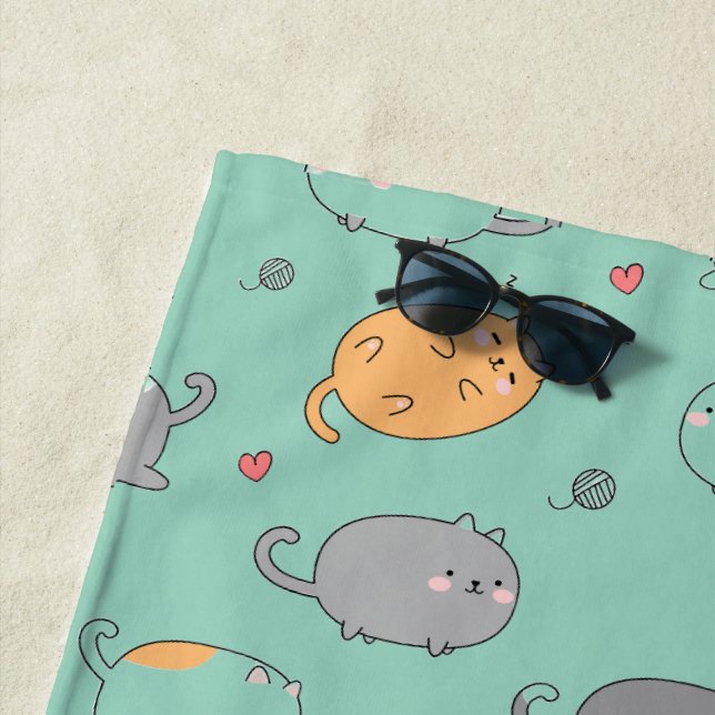 Cute & Cozy Sleepy Cat Dreams Pattern Beach Towel (In Situ)