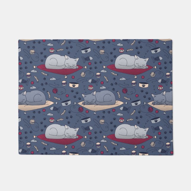 Cute & Cozy Sleepy Cat Dreams Pattern  Doormat (Front)