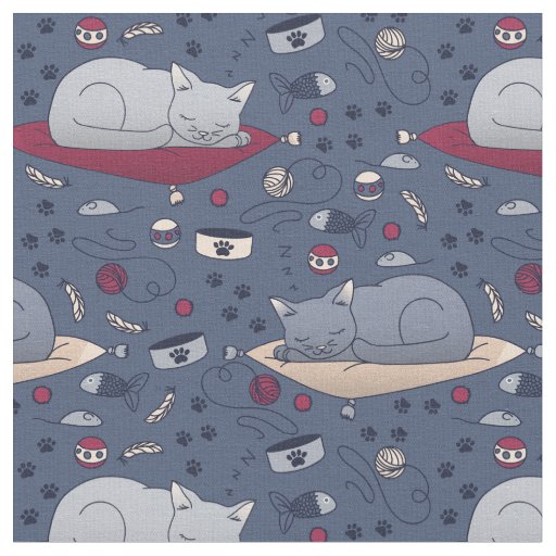 Cute & Cozy Sleepy Cat Dreams Pattern  Fabric