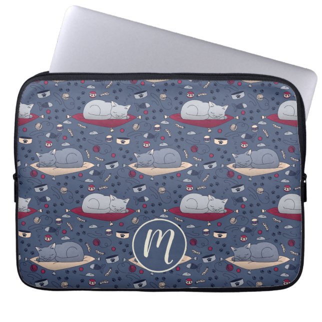 Cute & Cozy Sleepy Cat Dreams Pattern  Laptop Sleeve (Front)