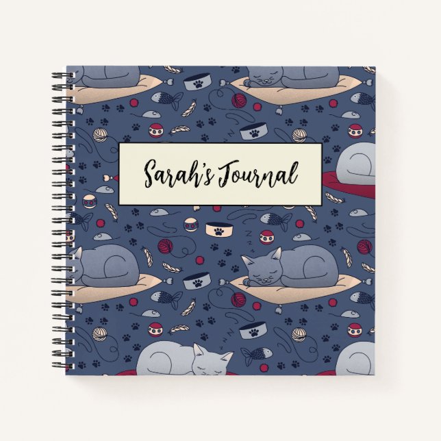 Cute & Cozy Sleepy Cat Dreams Pattern  Notebook (Front)