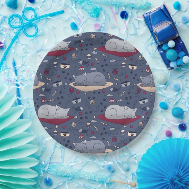 Cute & Cozy Sleepy Cat Dreams Pattern  Paper Plates (Party)