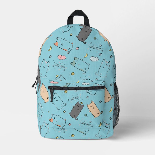 Cute & Cozy Sleepy Cat Dreams Pattern Printed Backpack (Front)