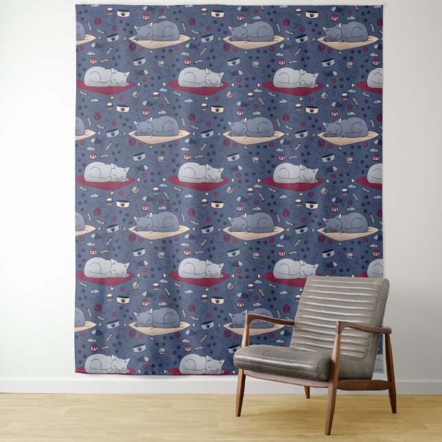 Cute & Cozy Sleepy Cat Dreams Pattern  Tapestry (In Situ)