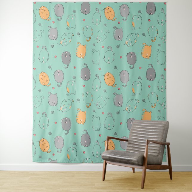 Cute & Cozy Sleepy Cat Dreams Pattern Tapestry (In Situ)