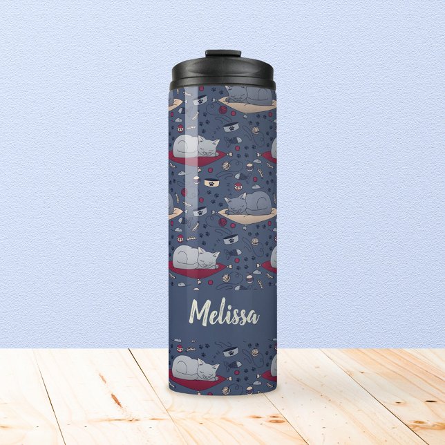 Cute & Cozy Sleepy Cat Dreams Pattern  Thermal Tumbler (Sleepy Cat Thermal Tumbler)