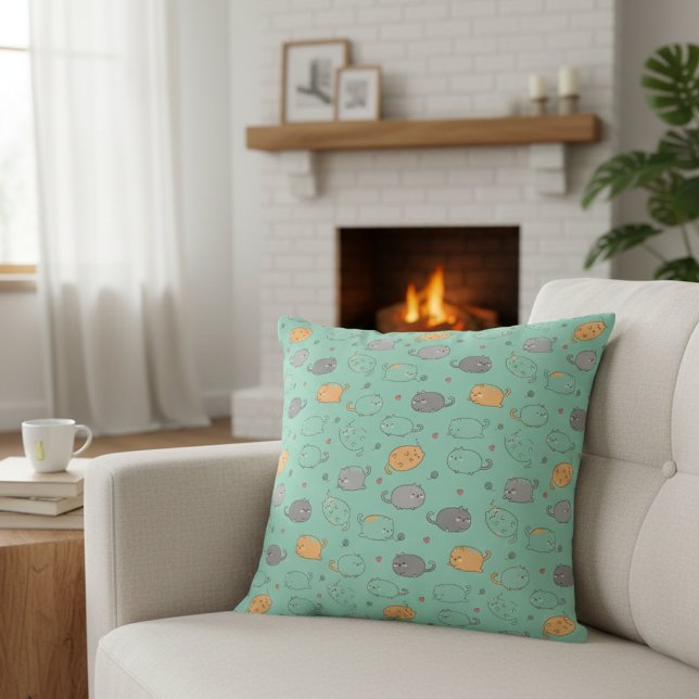 Cute & Cozy Sleepy Cat Dreams Pattern Throw Pillow (Creator Uploaded)