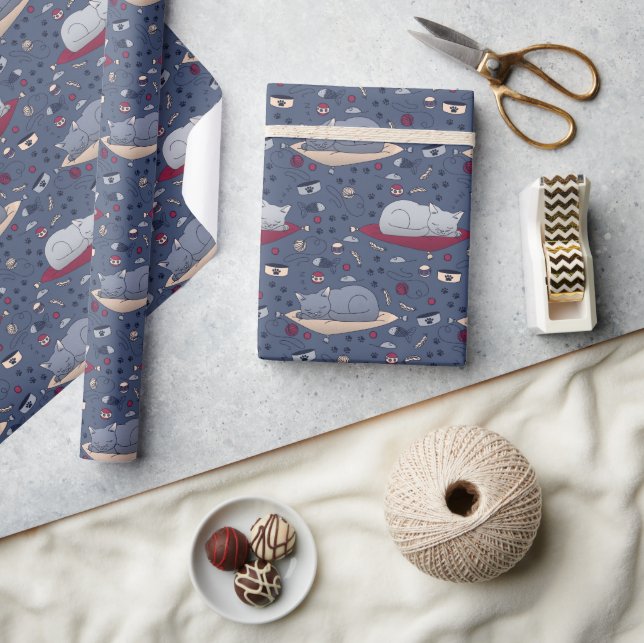 Cute & Cozy Sleepy Cat Dreams Pattern  Wrapping Paper (Crafts)