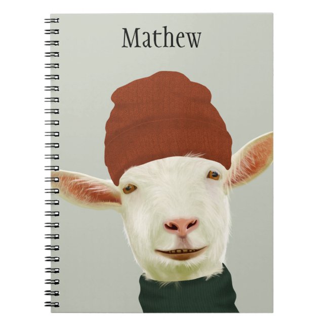 Cute Cozy Winter Goat With Beanie Hat and Scarf Notebook (Front)
