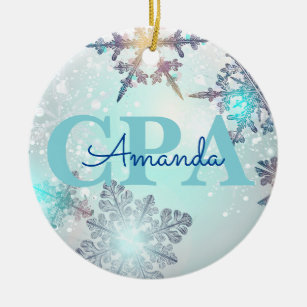 Cute CPA Ice Blue Snowflake Personalized Name  Ceramic Ornament