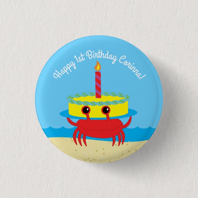 Cute Crab Beach 1st Birthday Party Button (Front)