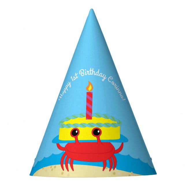Cute Crab Beach 1st Birthday Party Hat (Front)