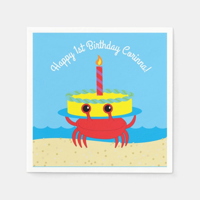 Cute Crab Beach 1st Birthday Party Napkins (Front)